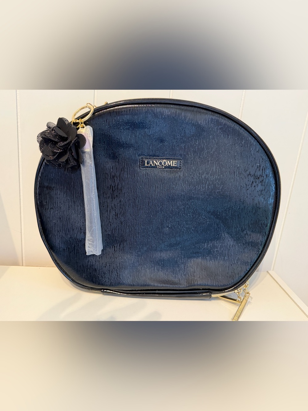 Lancôme Paris Black Patent Vanity Case Makeup Bag Gold Zipper Mesh Rose Charm